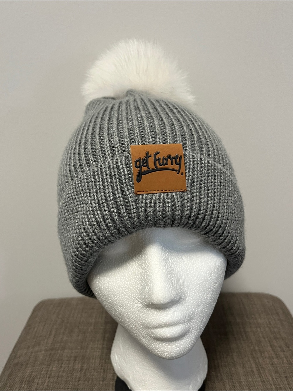 Get Furry Gray Knit Pom Pom Beanie Hat 30% Wool